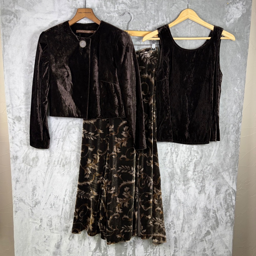 Vtg Double D Ranchwear Western Skirt Set Brown Women Maxi Velvet Burnout Concho